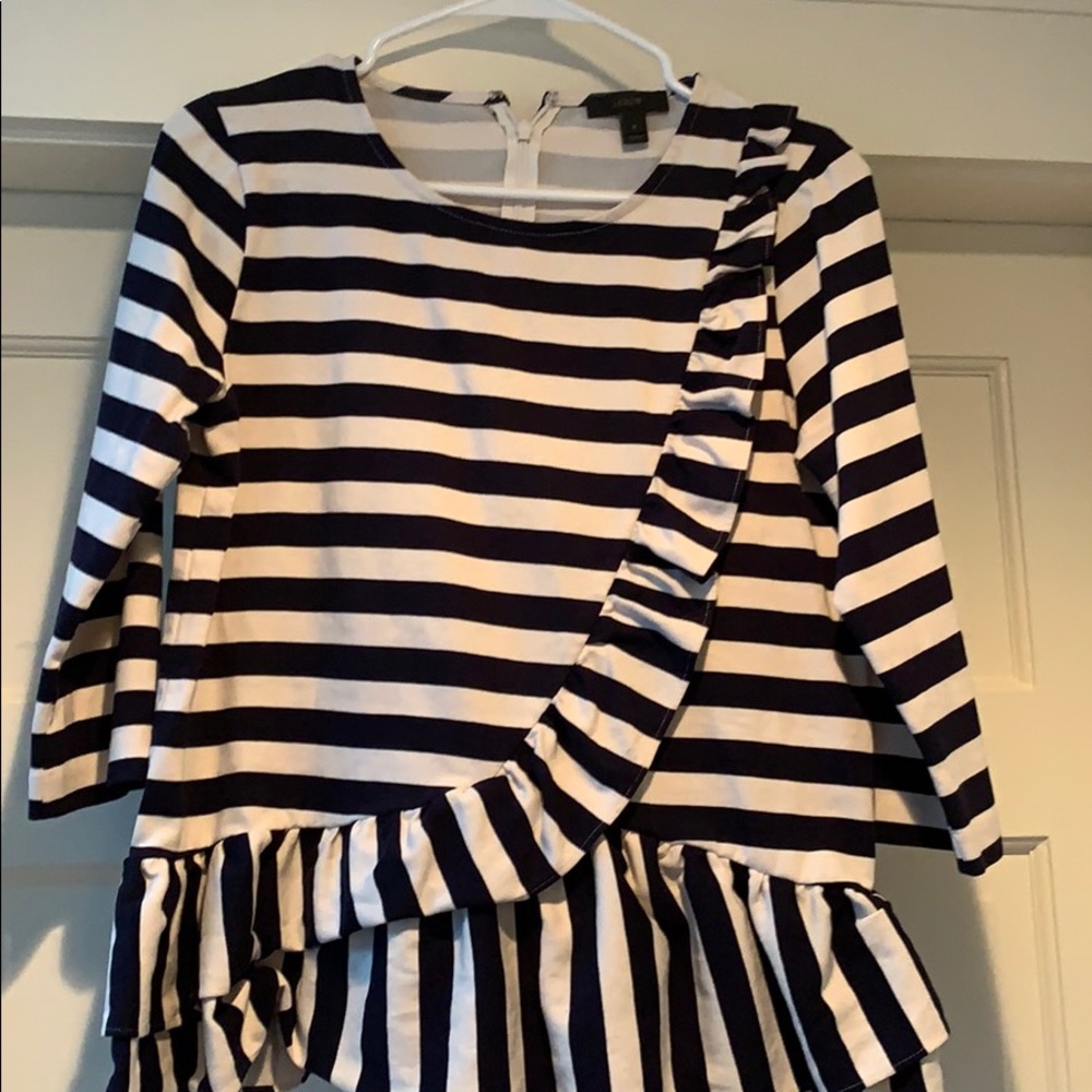 J. Crew blue and white striped ruffle peplum shirt